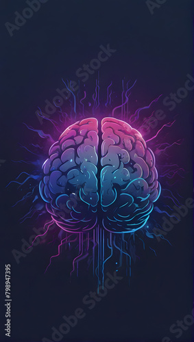 digital artwork of a human brain  illuminated from within  against a dark background. The brain is detailed and textured  surrounded by vibrant splashes of color