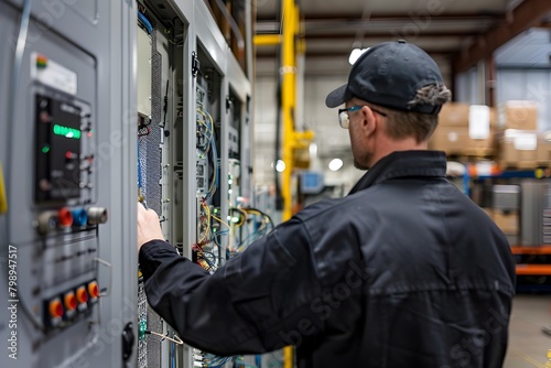 Technician Examining Intricate Electrical Panel in Industrial Warehouse Setting with Muted Color Palette and Technical Aesthetic