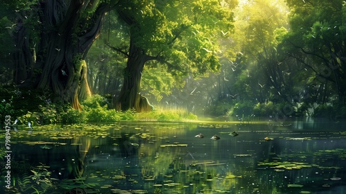 In the heart of an ancient forest  a tranquil lake mirrors the verdant canopy above.