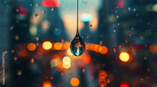 Abstract representation of a tear drop suspended in midair with a blurred cityscape in the background symbolizing urban loneliness and isolation photo