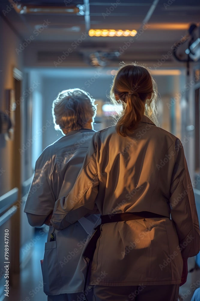 Compassionate Caregiver Assisting Elderly Patient in Nursing Home Corridor Compassionate Caregiver Assisting Elderly Patient in Nursing Home Corridor
