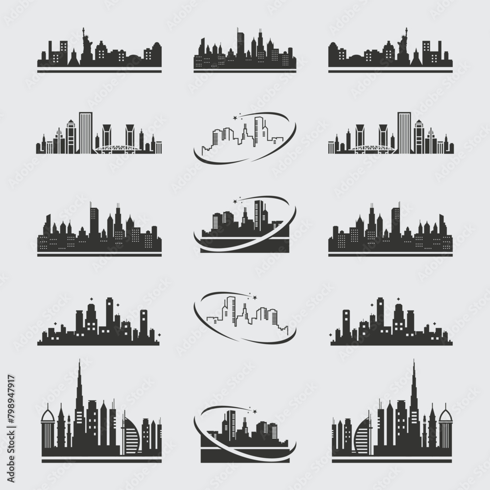 City skyline set. Vector silhouettes