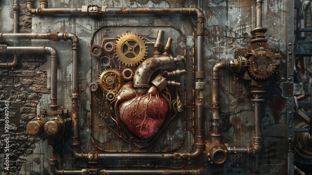 Steampunkstyle mechanical heart with brass gears and rustic pipes positioned prominently in an imaginative Victorianinspired setting