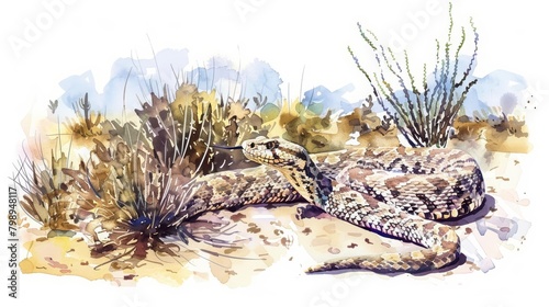A rattlesnakes tail shakes warningly in a quiet desert, minimal watercolor style illustration isolated on white background