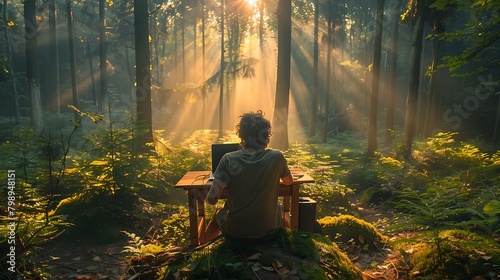 Person sitting at a wooden desk in a serene, sunlit forest, focused on a laptop photo