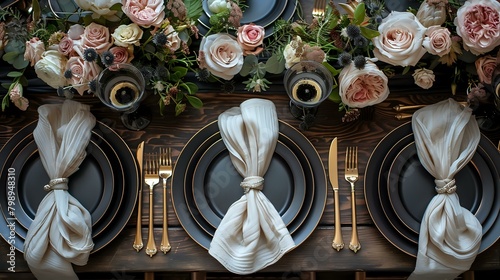 Exquisite Black and Gold Wedding Table Setup with White Linen Napkins