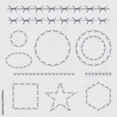 Barbed or barb wire vector illustration of seamless realistic 3D metallic fence wires with sharp edges isolated on white background