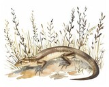 A skink scurries through underbrush, minimal watercolor style illustration isolated on white background