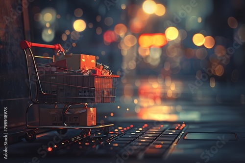 Shopping cart filled with cardboard boxes sitting on an open laptop keyboard photo
