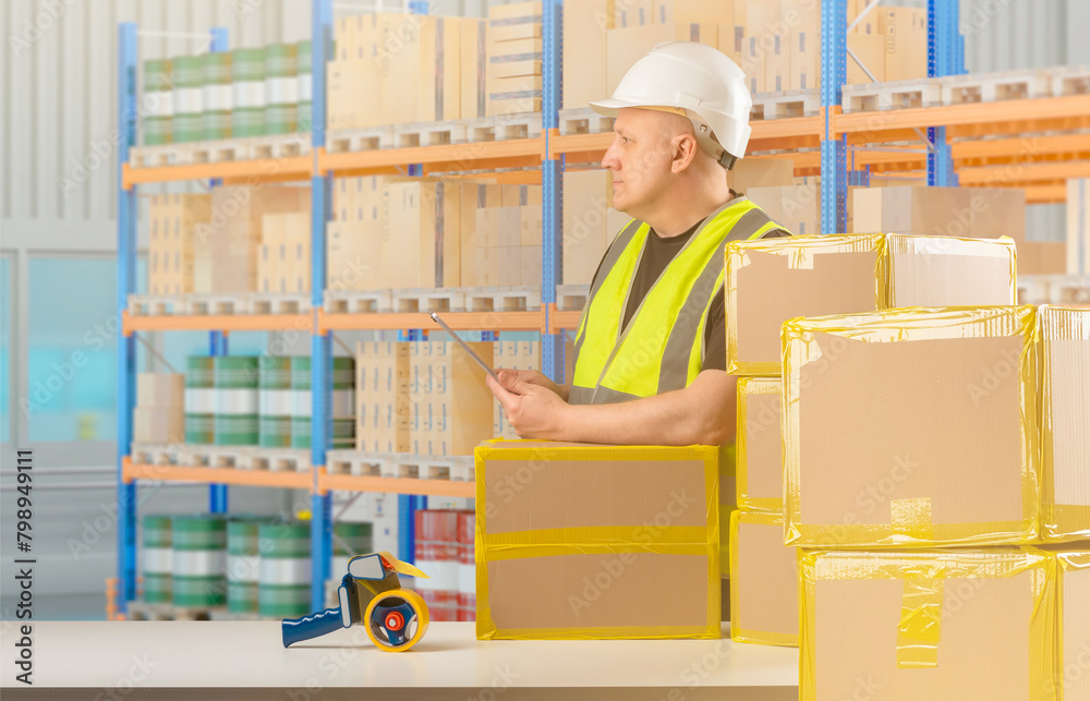 Man in retail warehouse. Product packaging specialist. Storekeeper stands near table with boxes. Retail warehouse with multi-tiered shelves. Distribution center. Male warehouse employee Man in retail warehouse. Product packaging specialist. Storekeeper stands near table with boxes. Retail warehouse with multi-tiered shelves. Distribution center. Male warehouse employee