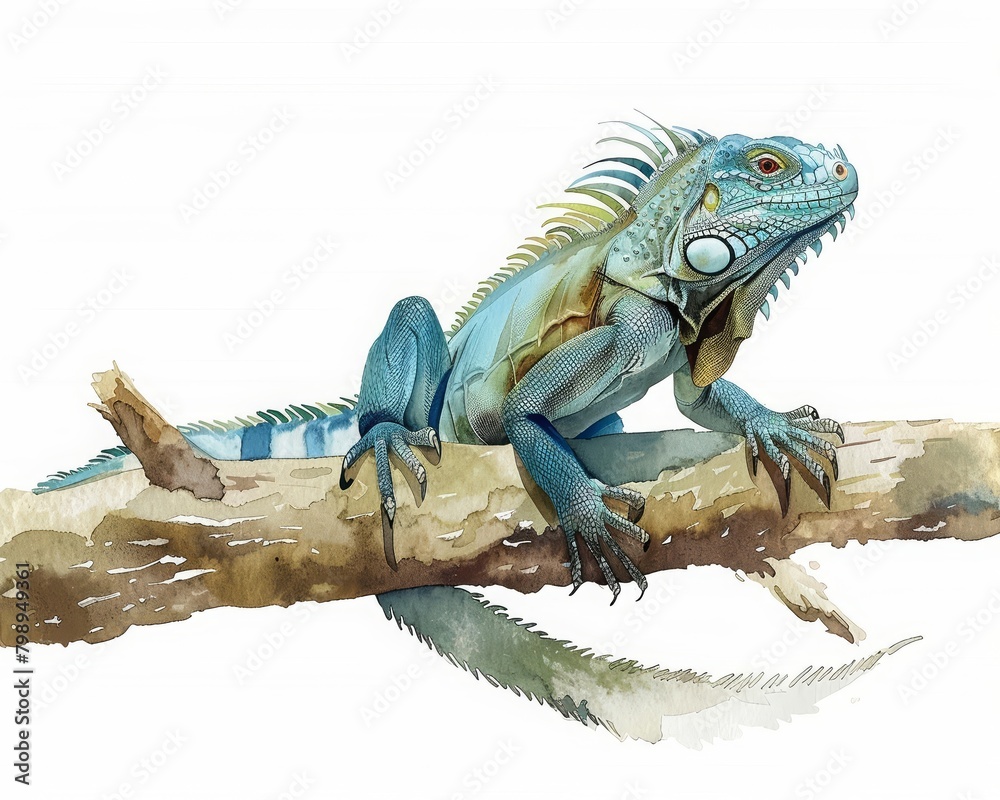 An iguana perches on a limb, its eyes surveying the surroundings, minimal watercolor style illustration isolated on white background An iguana perches on a limb, its eyes surveying the surroundings, minimal watercolor style illustration isolated on white background