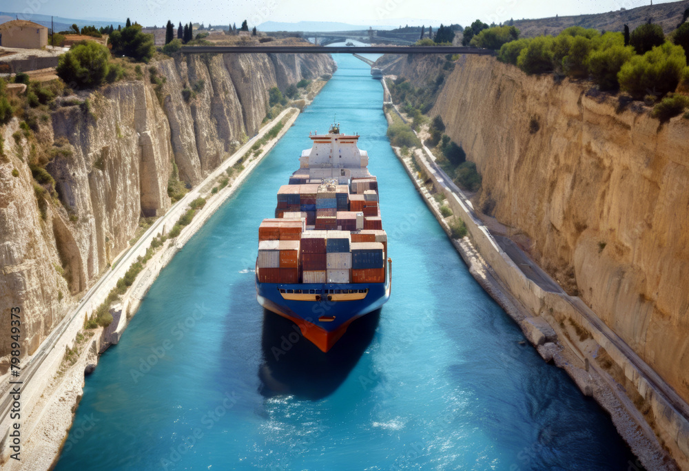 Ship crossing Corinth Greece canal Channel Water Wall Sea Wave Color Boat Stone Europe Rock Bridge Mediterranean Iron Tourist Peloponnese Aerial Tugboat Outdoors Isthmus