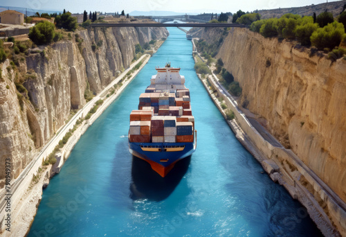 Ship crossing Corinth Greece canal Channel Water Wall Sea Wave Color Boat Stone Europe Rock Bridge Mediterranean Iron Tourist Peloponnese Aerial Tugboat Outdoors Isthmus