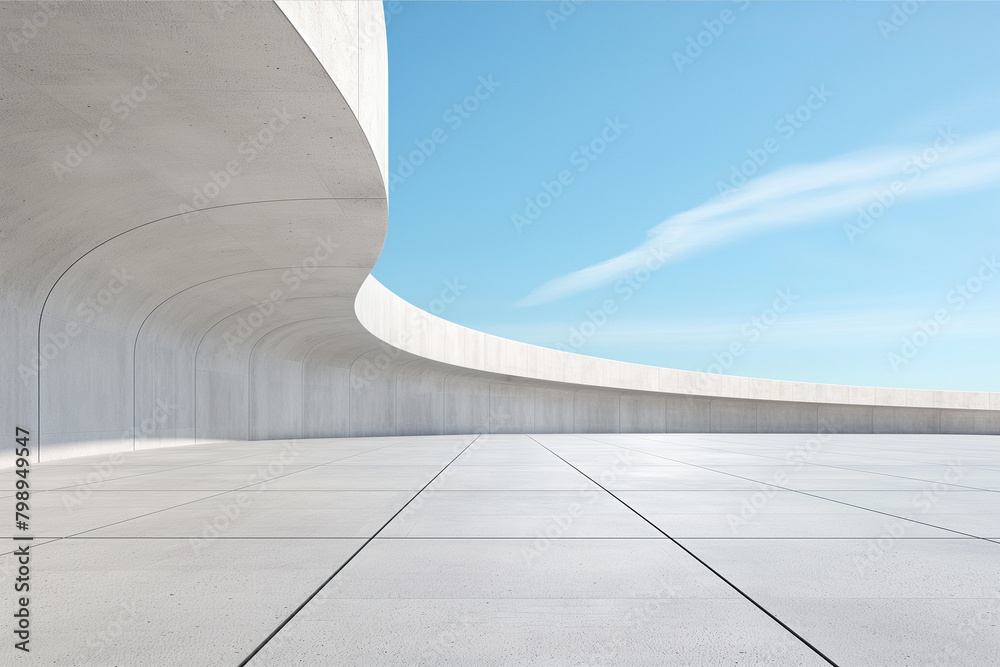 Unmanned concrete floor with huge white curved building with clean bright sky background. Unmanned concrete floor with huge white curved building with clean bright sky background.