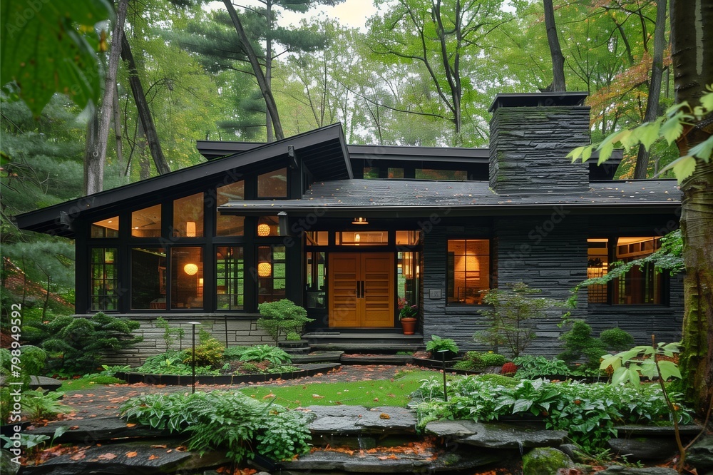 Modern house nestled in a lush forest, featuring large windows, stone accents, and a welcoming entrance surrounded by greenery. Modern house nestled in a lush forest, featuring large windows, stone accents, and a welcoming entrance surrounded by greenery.