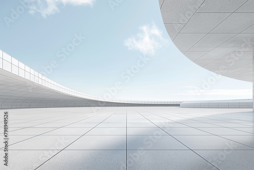 Unmanned concrete floor with huge white curved building with clean bright sky background.