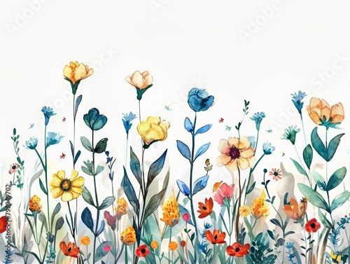 Bloom time heralds the peak of floral display in botanical gardens, minimal watercolor style illustration isolated on white background