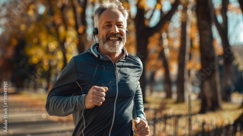 Closeup cropped portrait of male caucasian mature athlete sportsman runner listening to the music while jogging on park in the morning.