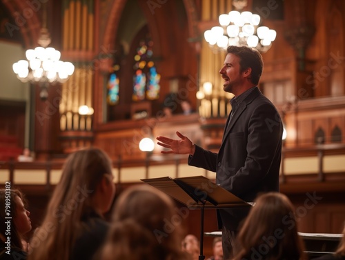 A man stands in front of a group of people, speaking into a microphone. The audience appears to be engaged and attentive, listening to the man's words. The setting is a church