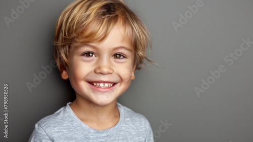 Young Boy Smiling. Adorable Caucasian Boy with Beautiful Smile on Gray Background