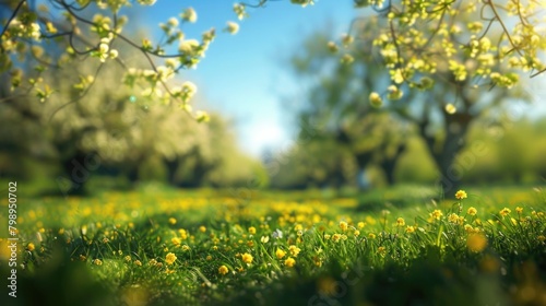 Meadow with Trees. Beautiful Spring Landscape with Blooming Meadow  Blue Skies  and Nature Blur