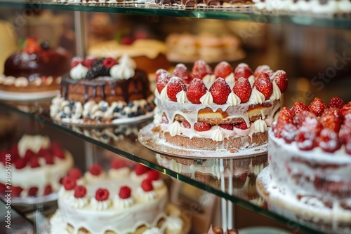 Bakery Cake. Pastry Shop Display of Delicious Cakes for Sweet Dessert Lovers
