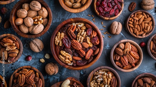 Dried Food. Assorted Nuts and Fruit Mix in Wooden Bowls, Top View Background