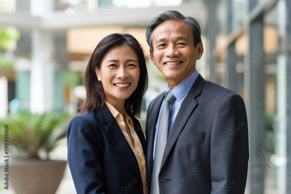 Confident Business People. Portrait of Smiling Asian CEO and Woman Business Leader in Office Setting Confident Business People. Portrait of Smiling Asian CEO and Woman Business Leader in Office Setting