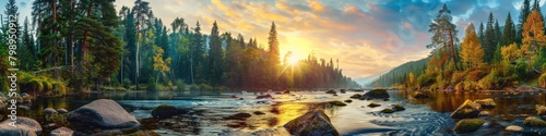 Nature Panoramic. Sunset over Forest River with Stone Shores in Mountain Landscape