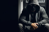 A hooded criminal sitting at the door of a house. Space for text.