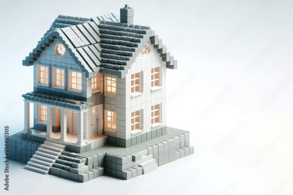 A house assembled from small blocks. Space for text. A house assembled from small blocks. Space for text.