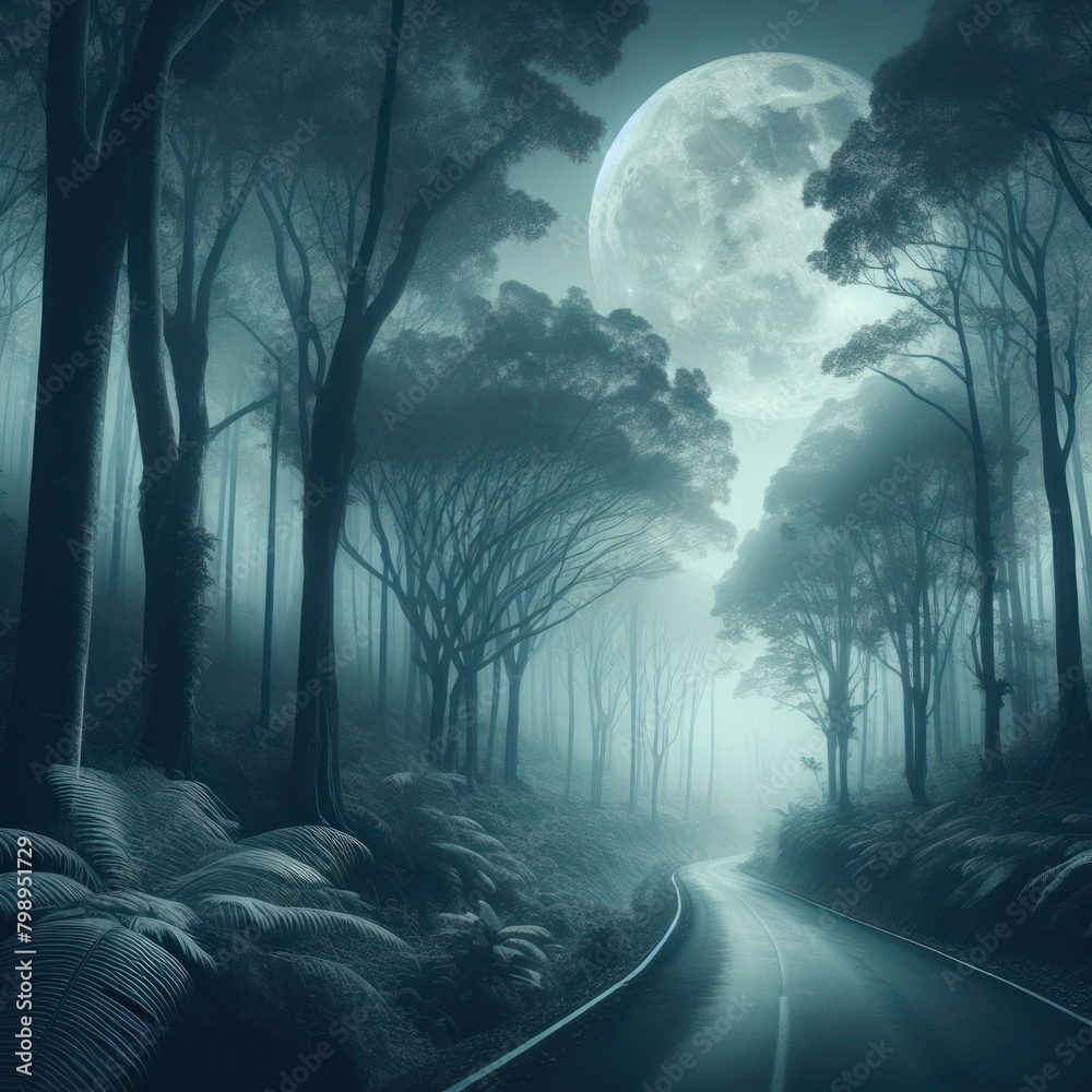 A road going through a misty forest against the background of a full moon.