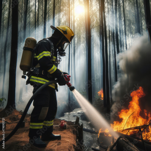 A firefighter extinguishes a fire in the forest. © Andbiz
