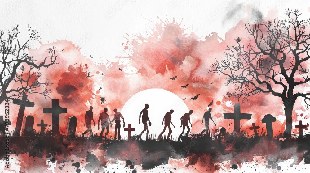 Zombies shuffle through a graveyard, part of a spooky Halloween scene, minimal watercolor style illustration isolated on white background