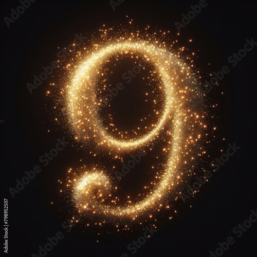 Golden glowing number "9" (NINE) isolated against a black background. Gold glitter number set. Glowing dust particles. Sand burst with sparkling magical bokeh glow. Fantasy ethereal number from 0 to 9