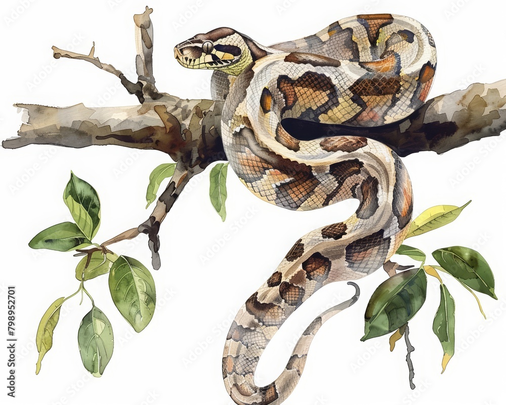 Obraz premium A boa constrictor coils gracefully around a tree branch, minimal watercolor style illustration isolated on white background