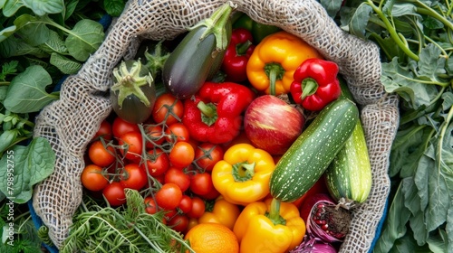 An intricately designed compostable mesh bag filled with fresh fruits and vegetables labeled Support local farmers say no to plastic packaging..