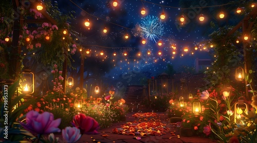 In the heart of Diwali festivities, a garden bursts into full bloom under the canopy of a starry night.