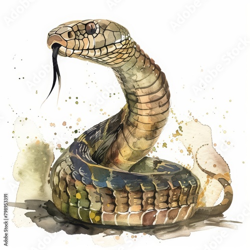 A cobra raises its hood in a classic defensive posture, minimal watercolor style illustration isolated on white background photo