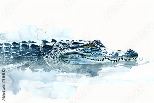 A crocodile lies motionless in water, eyes just above the surface, minimal watercolor style illustration isolated on white background