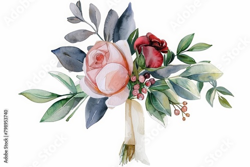 A delicate boutonniere adds charm to a grooms suit at a wedding, minimal watercolor style illustration isolated on white background