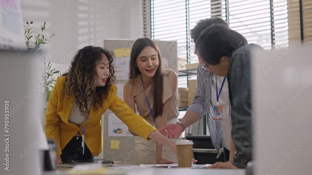 Asian businessman and woman standing brainstrom discuss business startup team ideas,solving problem solution and sharing for successful project launch,brainstorm strategy planing goal target achieve
