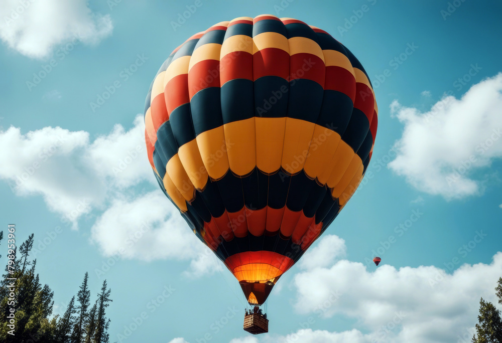 Naklejka premium air hot ballon adventure sky balloon travel sport transportation three-dimensional aircraft airship airy background blue cloud basket bright colours colourful dawn earth excursion