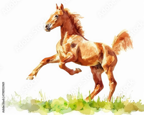 A frolicking colt kicks up its heels under the sunny sky, minimal watercolor style illustration isolated on white background