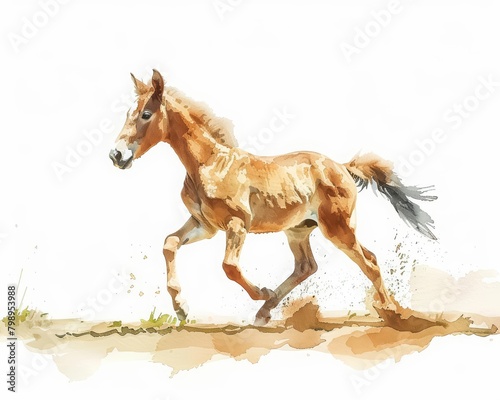 A frolicking colt kicks up its heels under the sunny sky  minimal watercolor style illustration isolated on white background