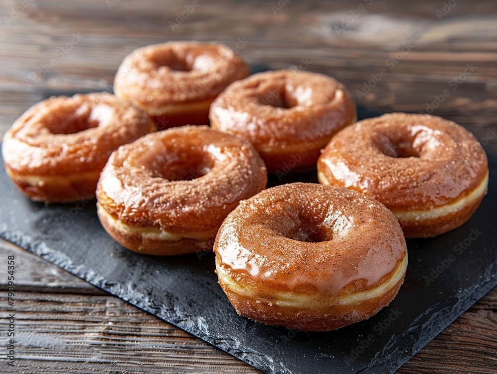Apple cinnamon donuts arranged in a neat row on a sleek black slate, accentuating their golden brown color and sugary texture , high resolution DSLR Apple cinnamon donuts arranged in a neat row on a sleek black slate, accentuating their golden brown color and sugary texture , high resolution DSLR
