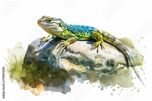 A lizard basks on a stone, soaking up the morning heat, minimal watercolor style illustration isolated on white background photo