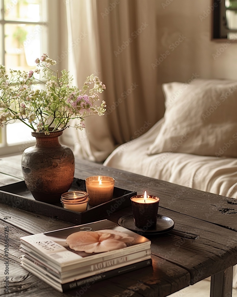 Elegant workbench coffee table styled with a chic tray, candles, and a stack of fashion magazines, suitable for a trendy loft living area , Prime Lenses