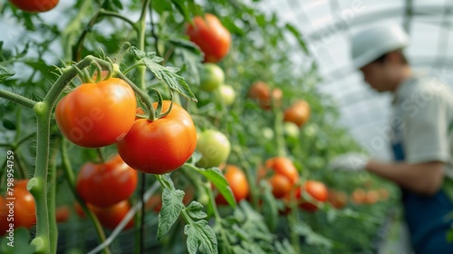 Wallpaper Mural Farmer inspecting hydroponic tomato plants in a controlled environment greenhouse, with a focus on the advanced irrigation system and growth monitoring technology , 3DCG Torontodigital.ca
