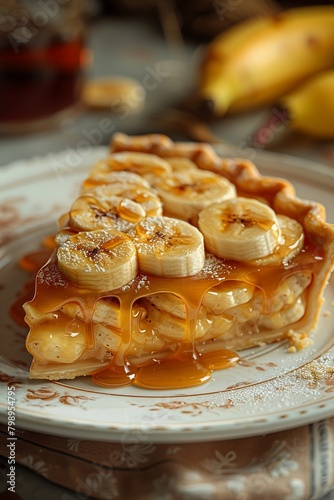 Golden banana caramel pie on a classic porcelain plate, drizzled with caramel sauce and garnished with banana slices, perfect for a dessert menu , 3D render animation style
